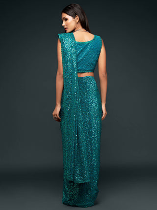 Attractive Teal  Blue Sequined Georgette Party Wear Saree ClothsVilla