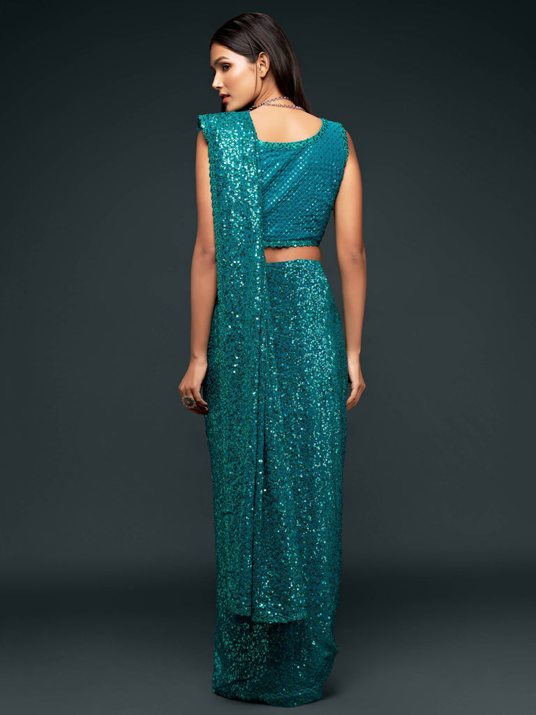 Attractive Teal  Blue Sequined Georgette Party Wear Saree ClothsVilla
