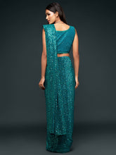Load image into Gallery viewer, Attractive Teal  Blue Sequined Georgette Party Wear Saree ClothsVilla