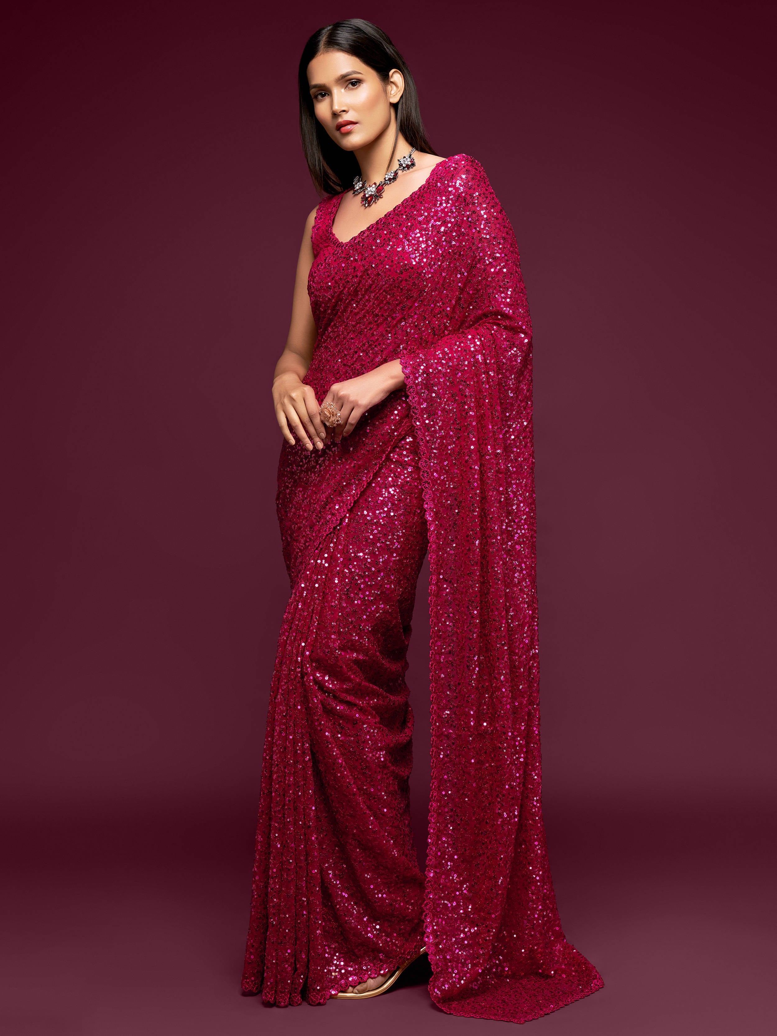 Fabulous Hot Pink Sequined Georgette Party Wear Saree ClothsVilla Main image