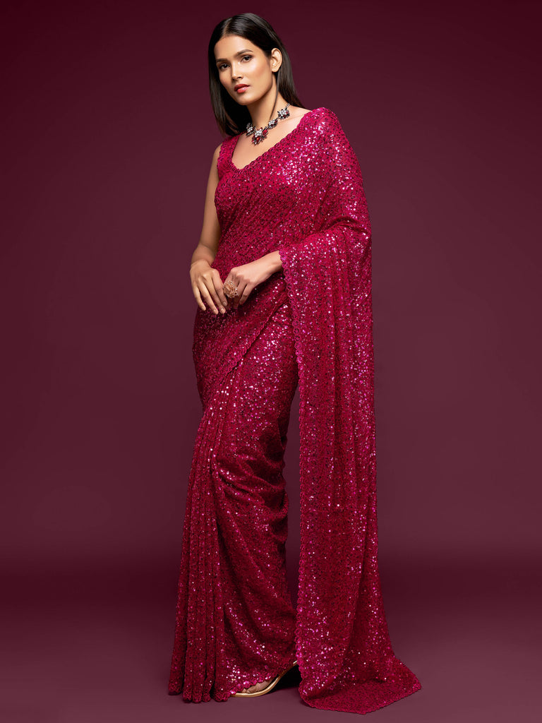 Fabulous Hot Pink Sequined Georgette Party Wear Saree ClothsVilla