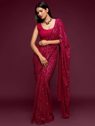 Fabulous Hot Pink Sequined Georgette Party Wear Saree ClothsVilla