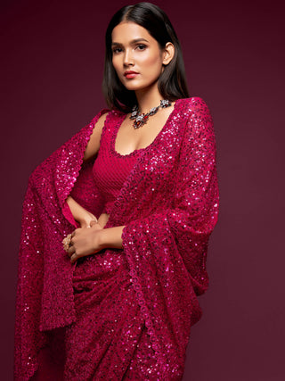 Fabulous Hot Pink Sequined Georgette Party Wear Saree ClothsVilla