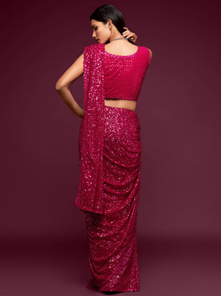 Fabulous Hot Pink Sequined Georgette Party Wear Saree ClothsVilla