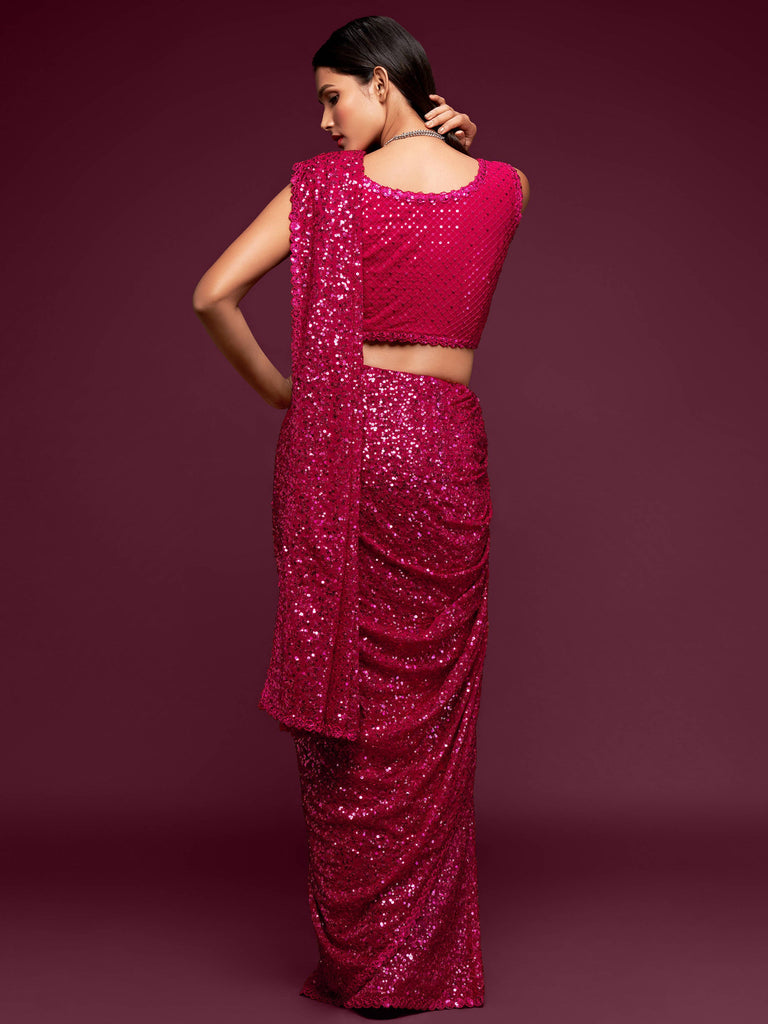 Fabulous Hot Pink Sequined Georgette Party Wear Saree - Clot