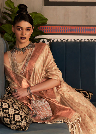 Beige Brown Zari Woven Tissue Silk Saree Clothsvilla