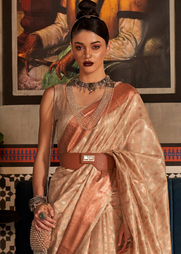 Beige Brown Zari Woven Tissue Silk Saree Clothsvilla