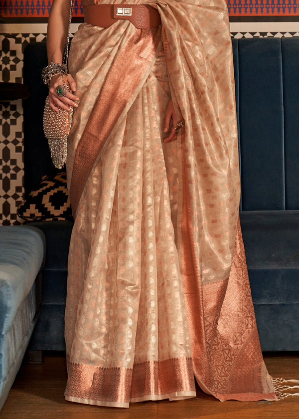 Beige Brown Zari Woven Tissue Silk Saree Clothsvilla