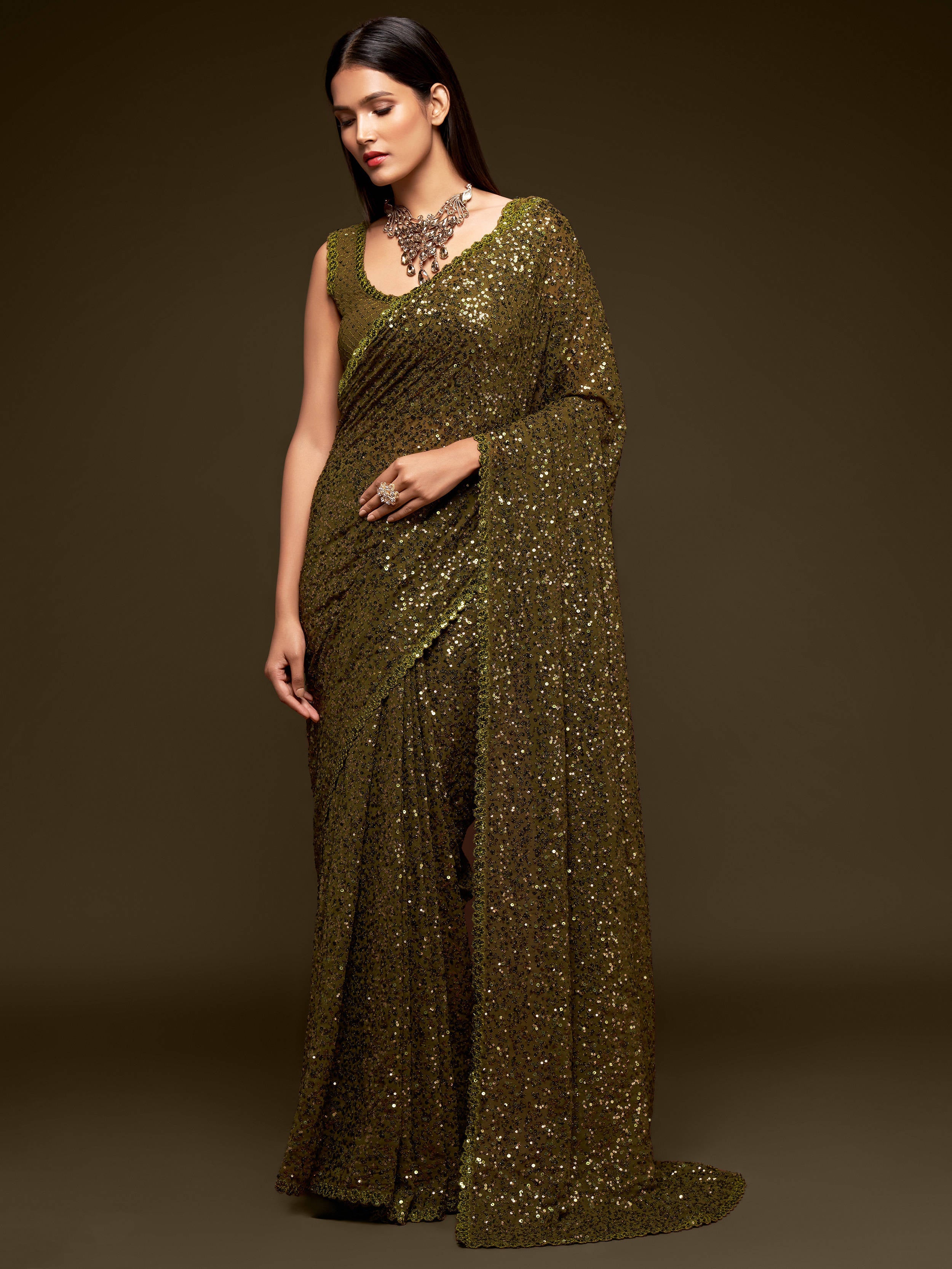 Superb Olive Green Sequined Georgette Party Wear Saree ClothsVilla Main image