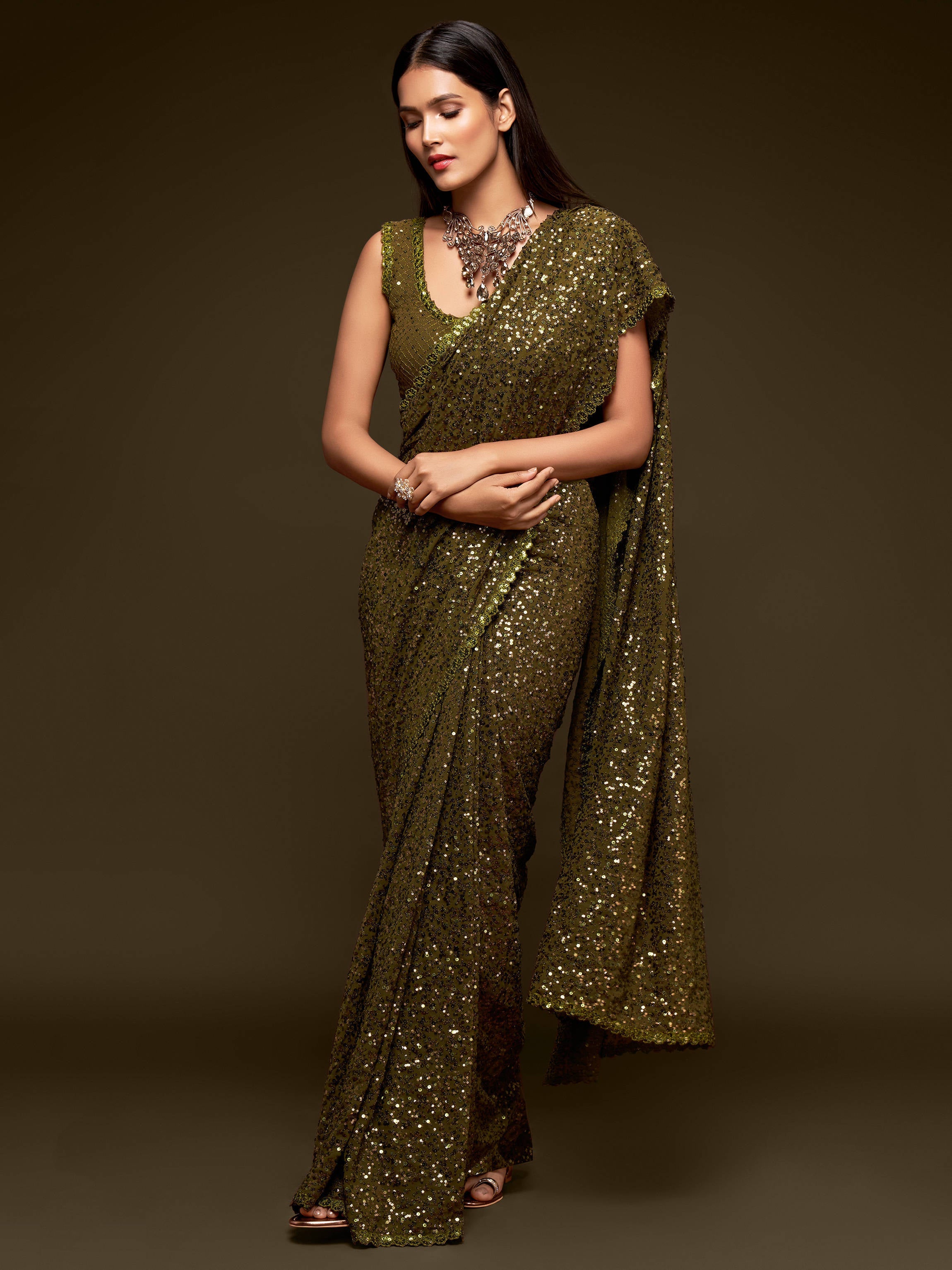 Superb Olive Green Sequined Georgette Party Wear Saree Secondary image