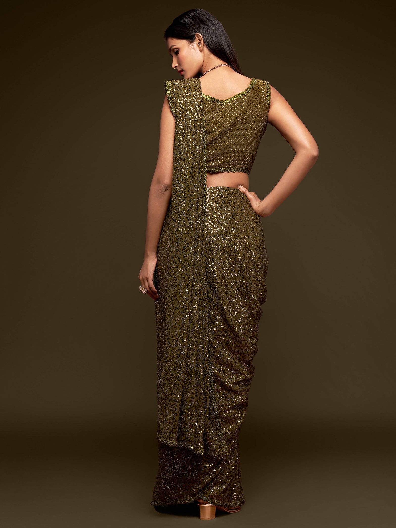 Superb Olive Green Sequined Georgette Party Wear Saree ClothsVilla