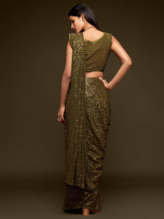Superb Olive Green Sequined Georgette Party Wear Saree ClothsVilla