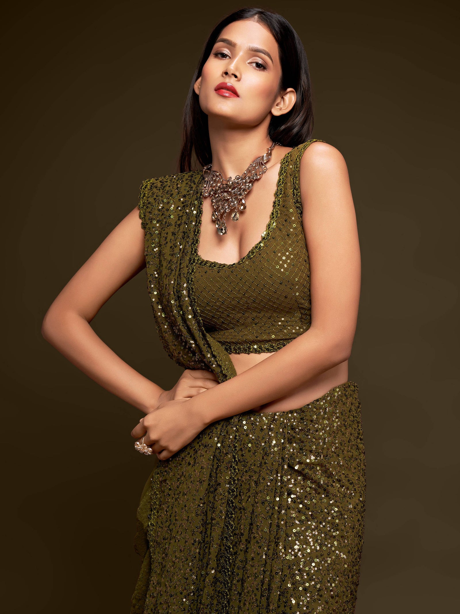 Superb Olive Green Sequined Georgette Party Wear Saree ClothsVilla