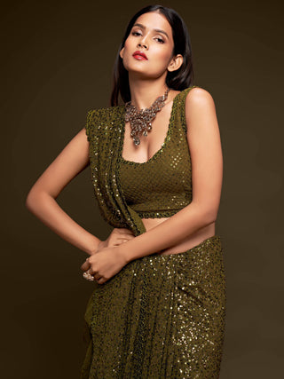 Superb Olive Green Sequined Georgette Party Wear Saree ClothsVilla