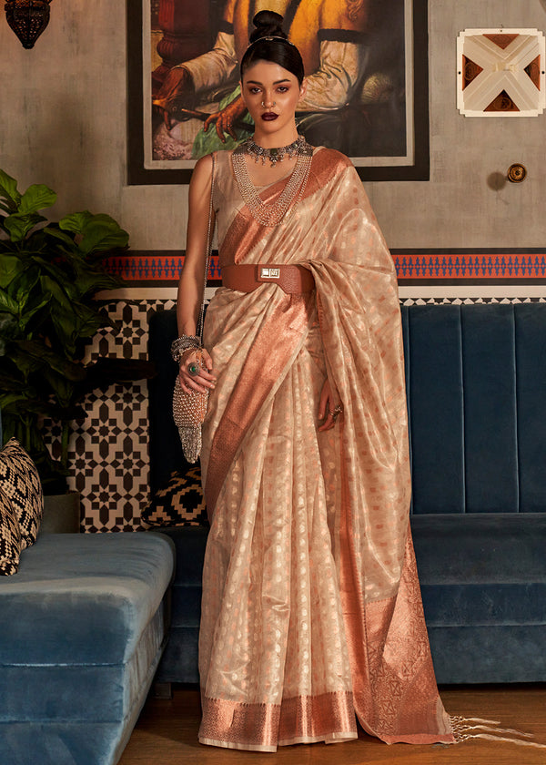 Beige Brown Zari Woven Tissue Silk Saree Clothsvilla