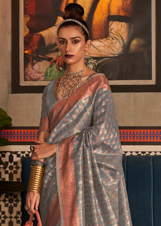 Steel Grey Zari Woven Tissue Silk Saree Clothsvilla