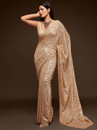 Awesome Ivory Sequined Georgette Party Wear Saree ClothsVilla