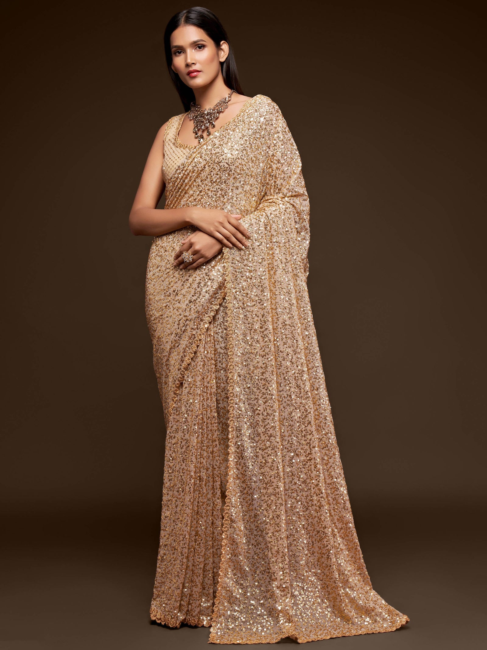 Awesome Ivory Sequined Georgette Party Wear Saree ClothsVilla