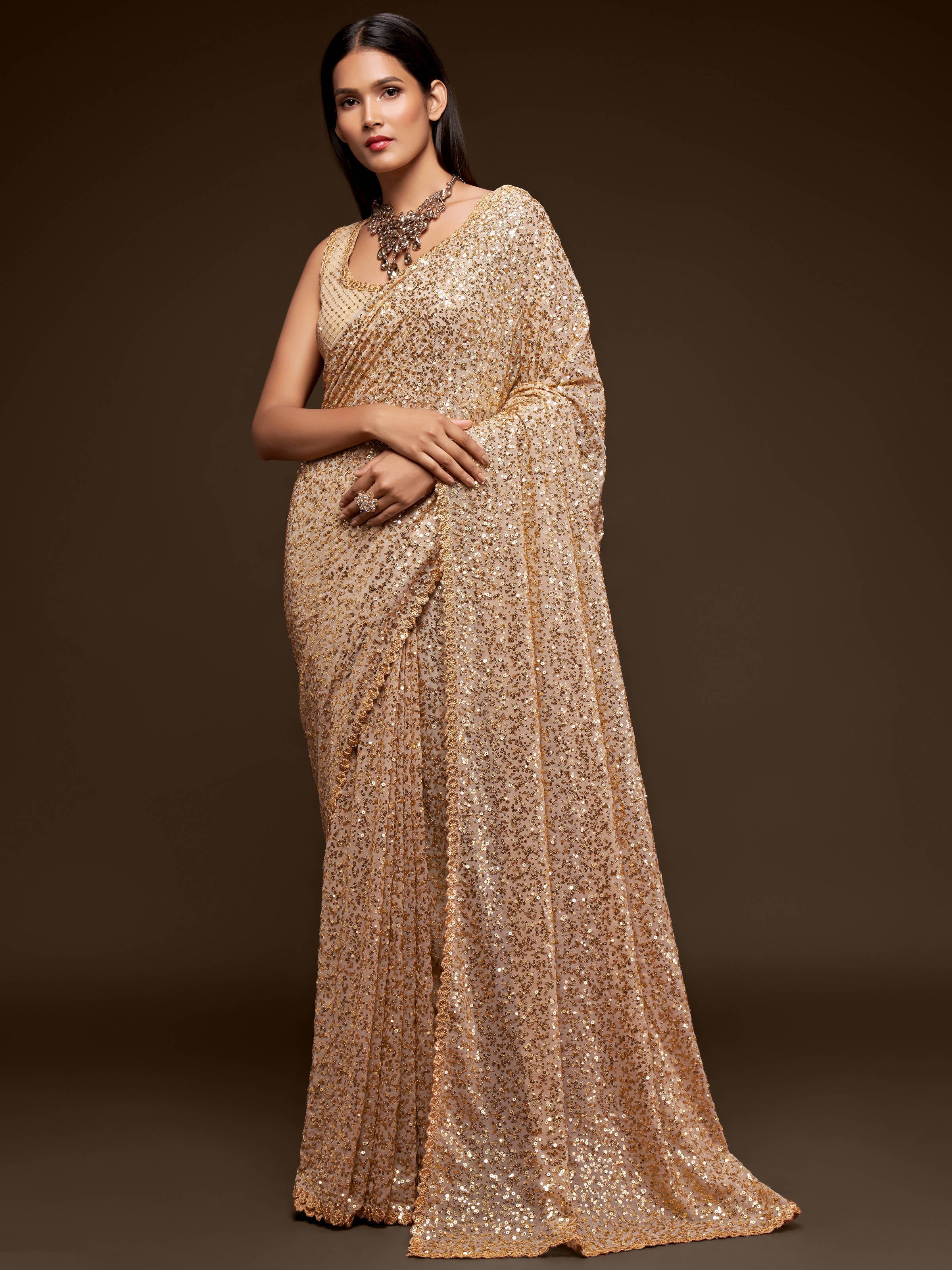 Awesome Ivory Sequined Georgette Party Wear Saree ClothsVilla Main image