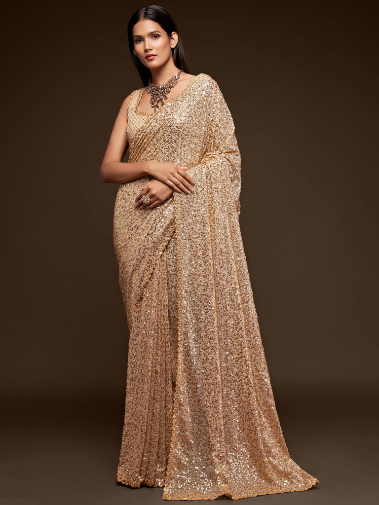 Awesome Ivory Sequined Georgette Party Wear Saree - Clothsvi