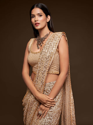 Awesome Ivory Sequined Georgette Party Wear Saree ClothsVilla