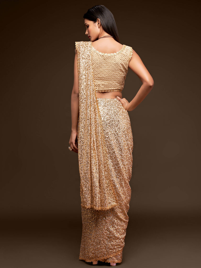 Awesome Ivory Sequined Georgette Party Wear Saree ClothsVilla