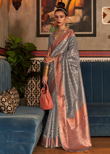 Steel Grey Zari Woven Tissue Silk Saree Clothsvilla