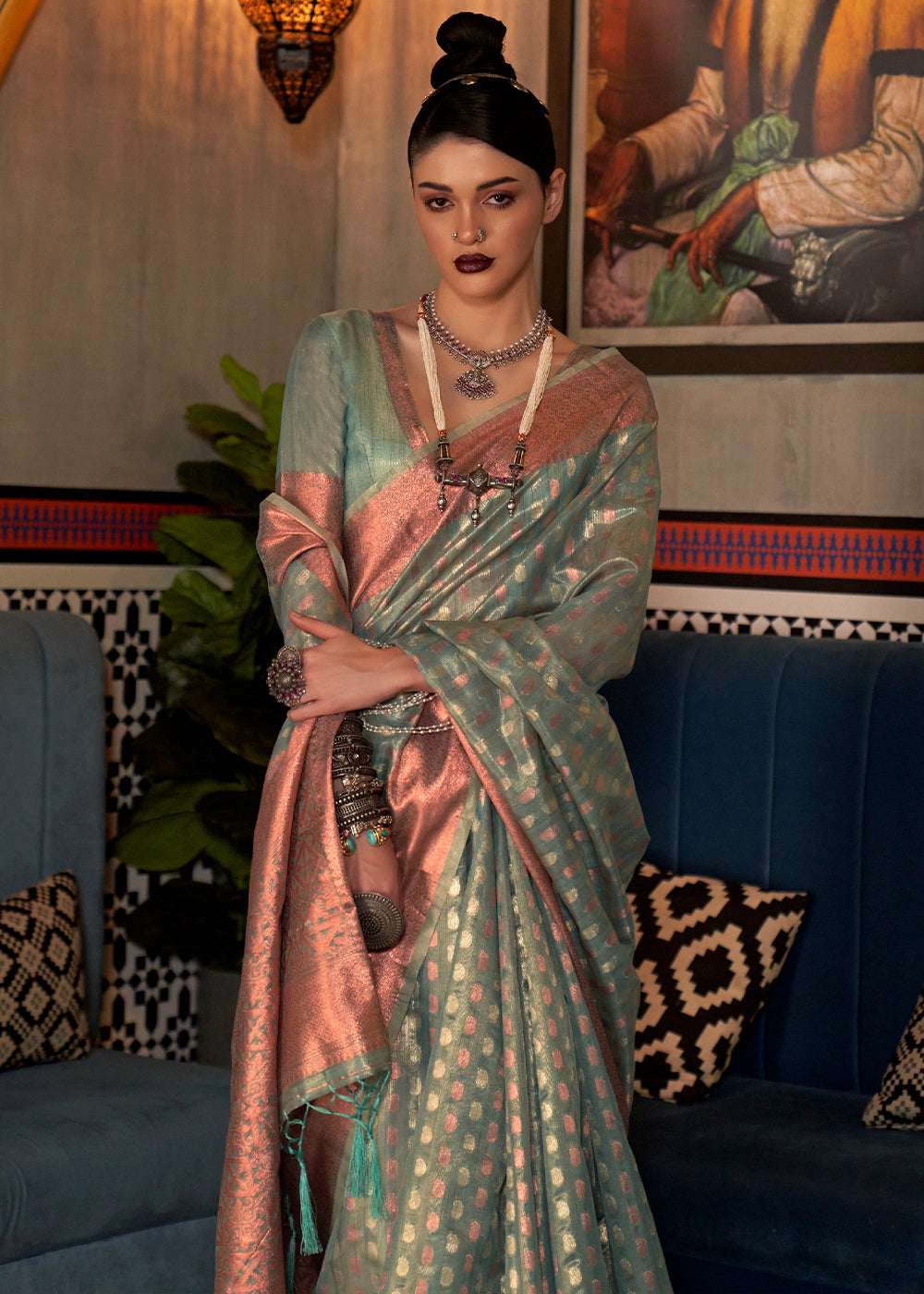 Viridian Green Zari Woven Tissue Silk Saree Secondary image