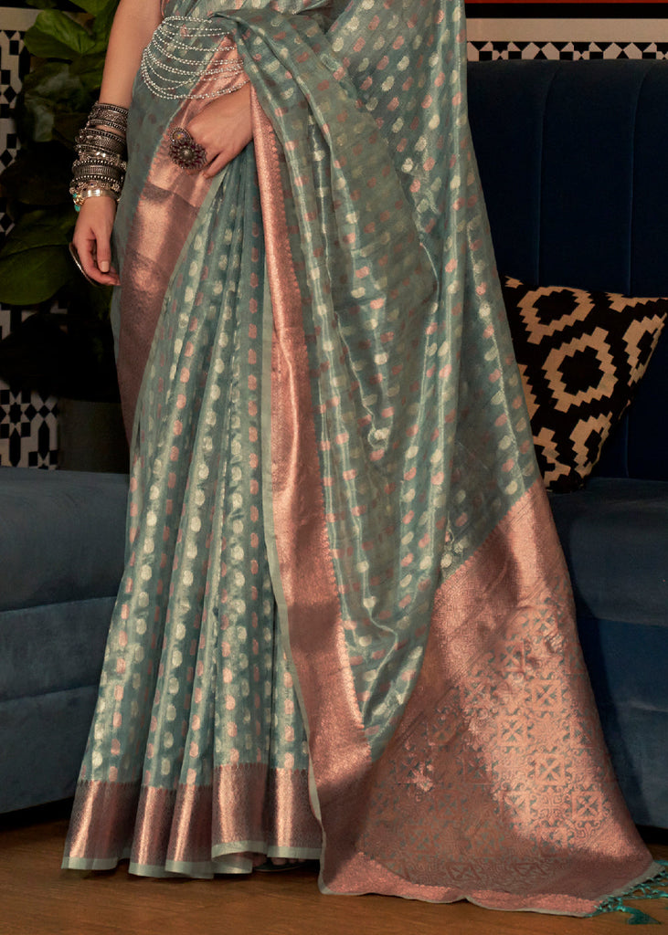 Viridian Green Zari Woven Tissue Silk Saree Clothsvilla