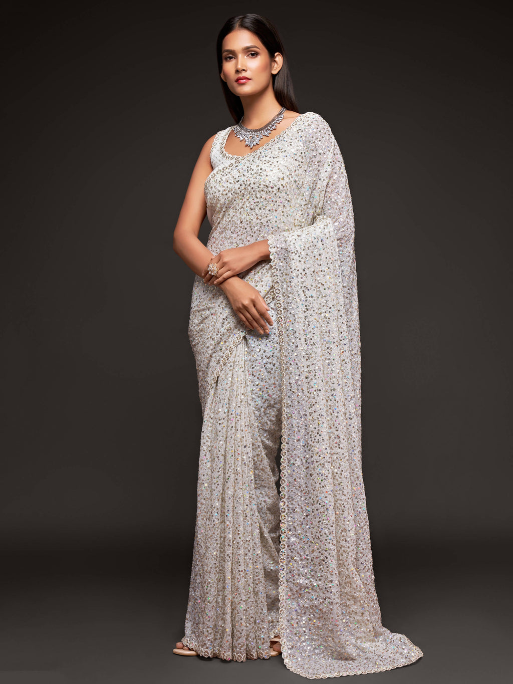 Beautiful Pearl White Sequined Georgette Party Wear Saree ClothsVilla