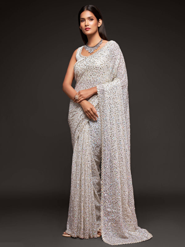 Beautiful Pearl White Sequined Georgette Party Wear Saree ClothsVilla