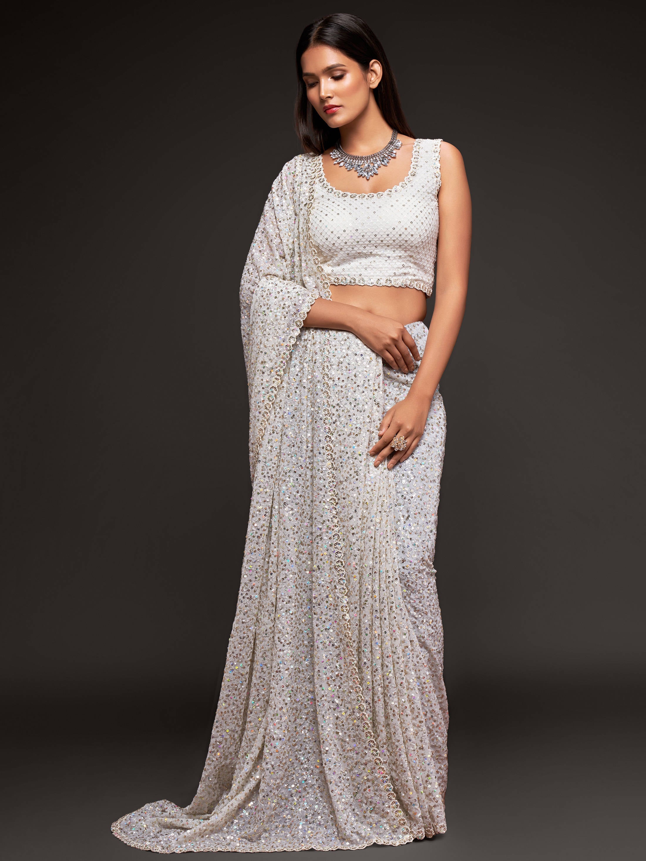 Beautiful Pearl White Sequined Georgette Party Wear Saree Secondary image