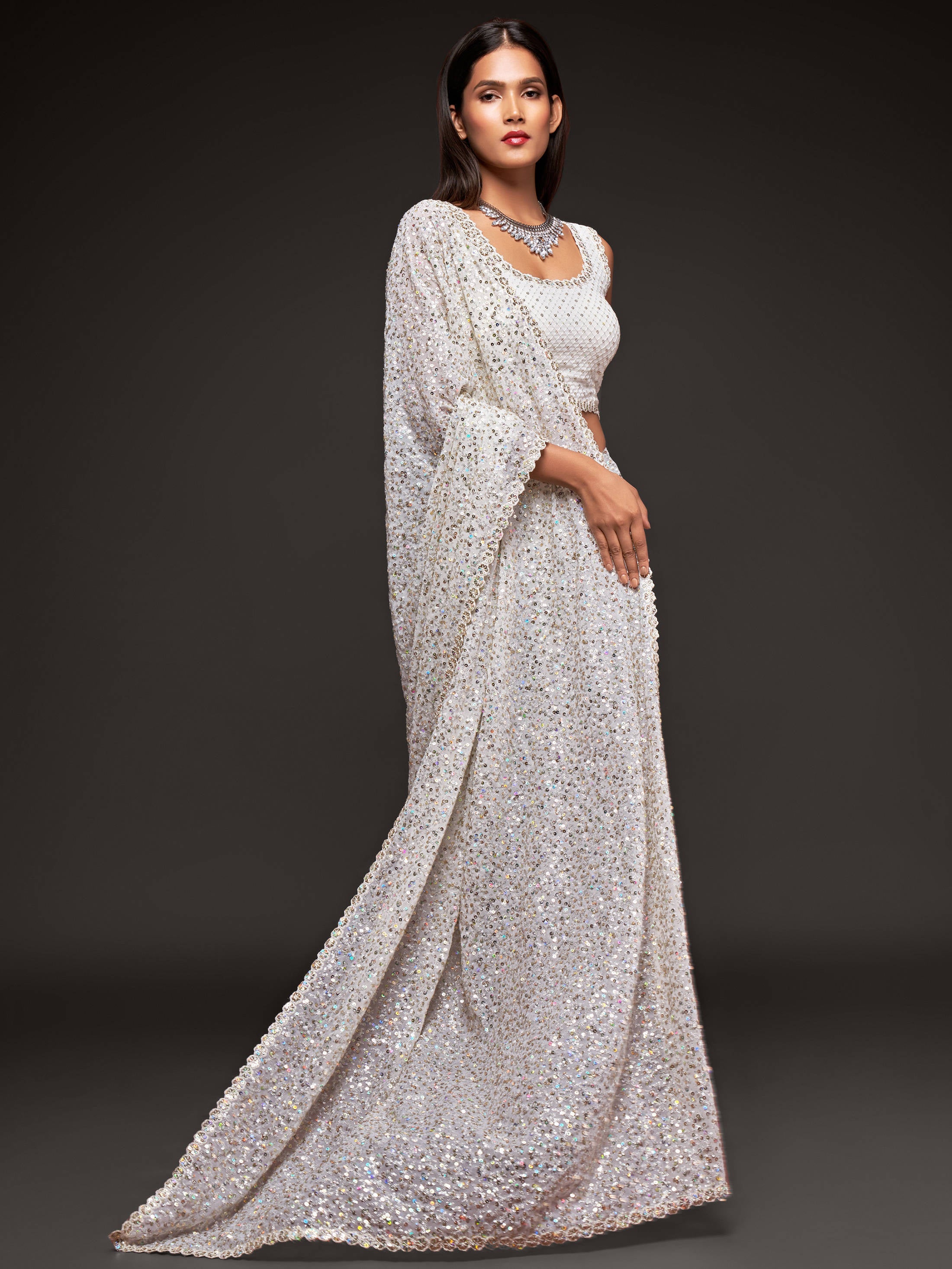 Beautiful Pearl White Sequined Georgette Party Wear Saree ClothsVilla