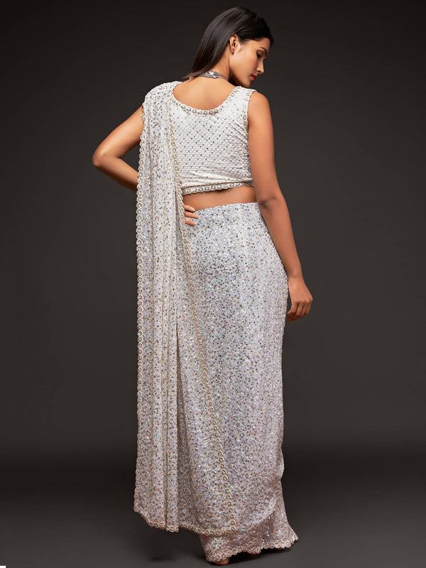 Beautiful Pearl White Sequined Georgette Party Wear Saree ClothsVilla