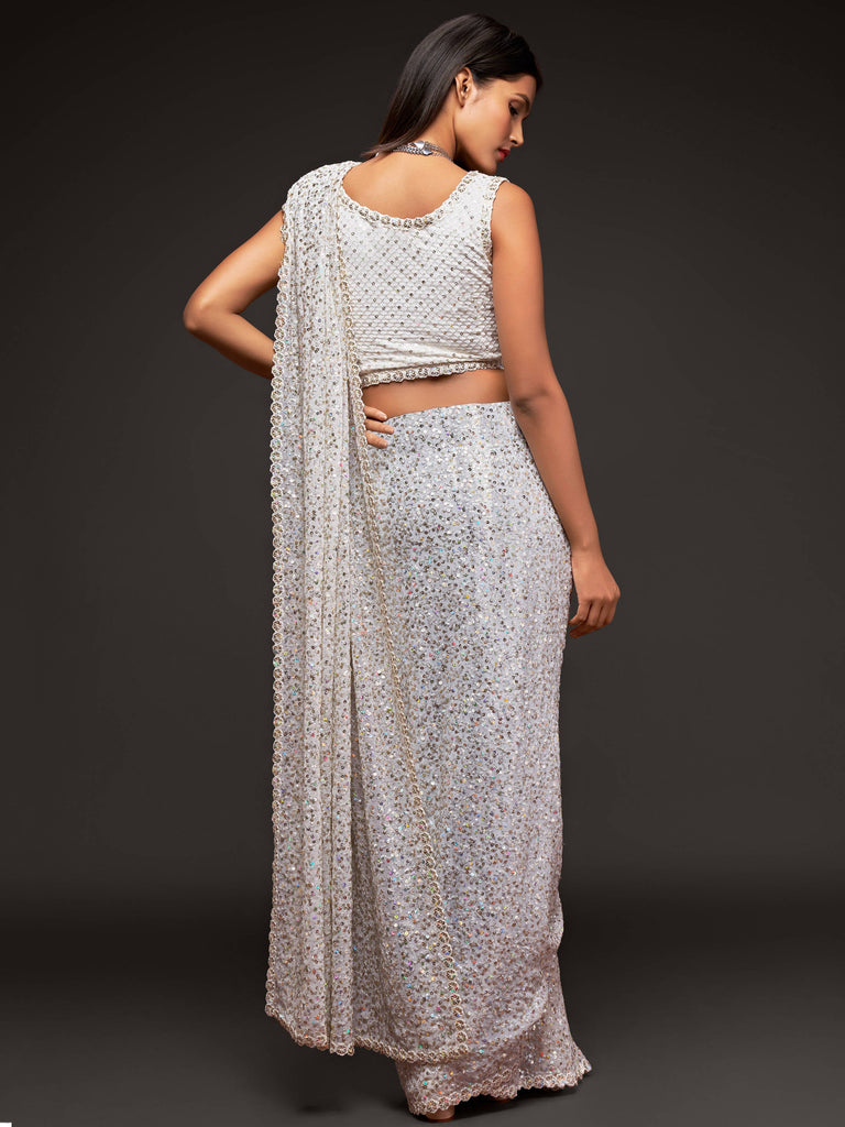 Beautiful Pearl White Sequined Georgette Party Wear Saree ClothsVilla