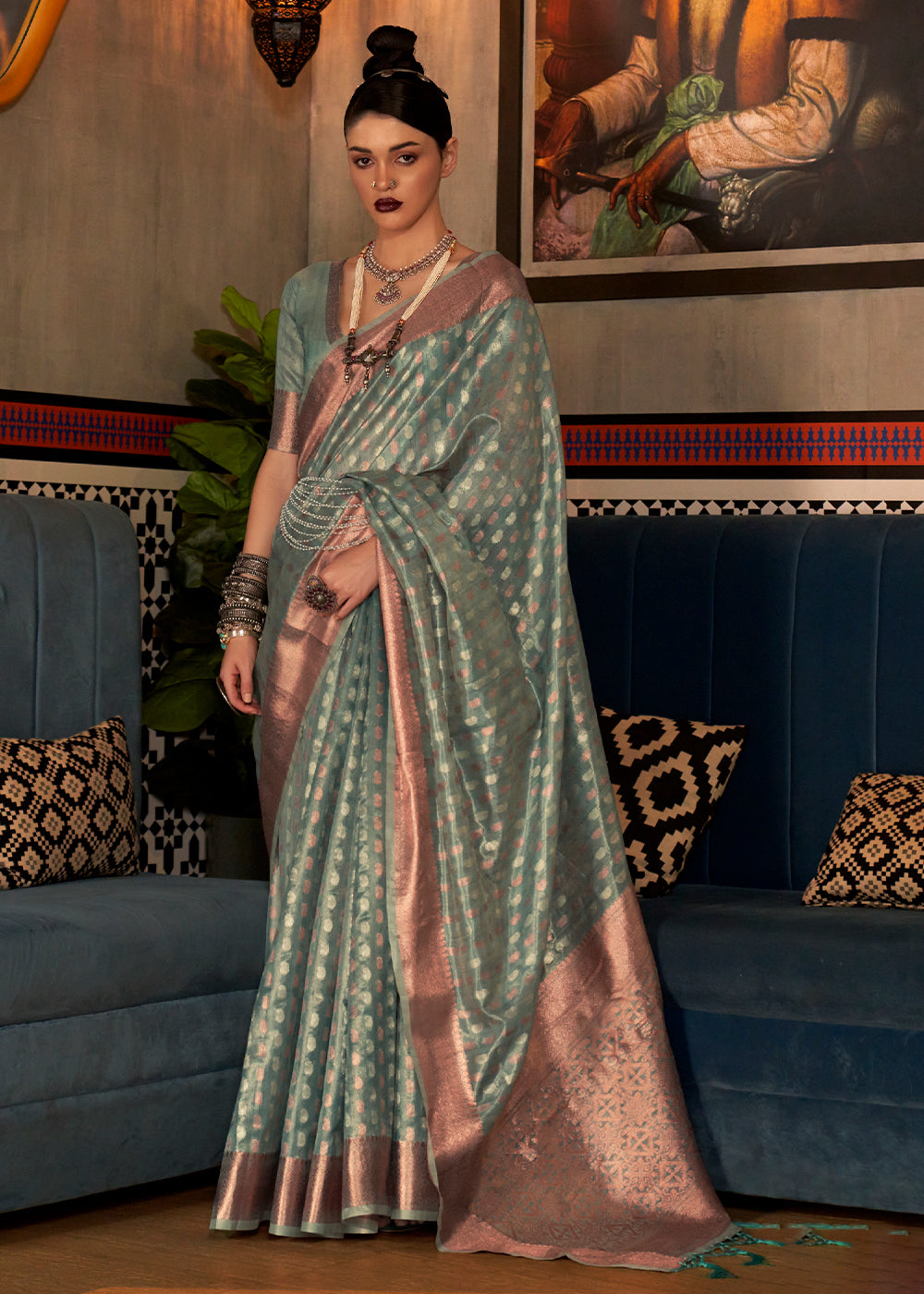 Viridian Green Zari Woven Tissue Silk Saree Clothsvilla Main image