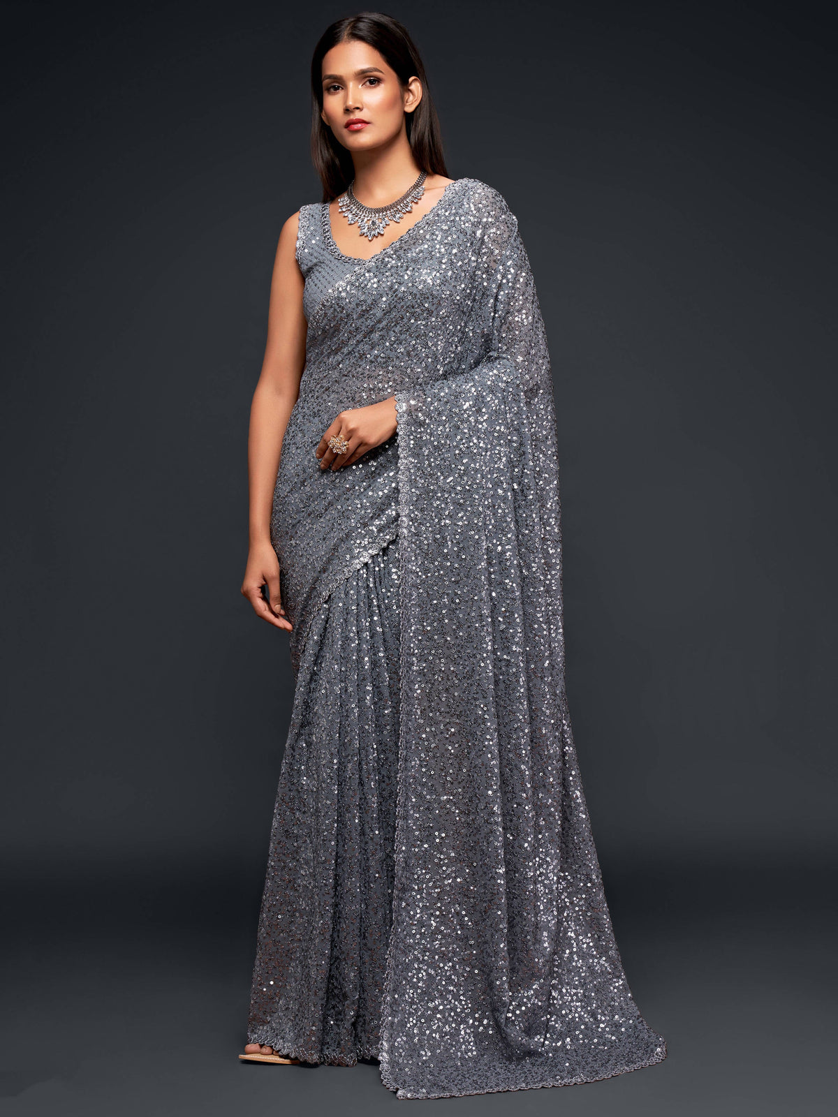 Amazing Slate Grey Sequined Georgette Party Wear Saree ClothsVilla Main image