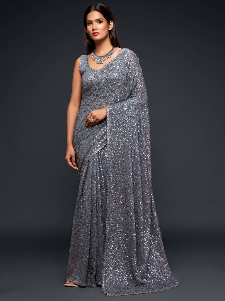 Amazing Slate Grey Sequined Georgette Party Wear Saree ClothsVilla