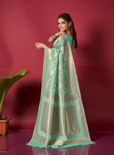 Load image into Gallery viewer, Muskaan Linen Ikkat Woven Saree Turquoise Green Clothsvilla