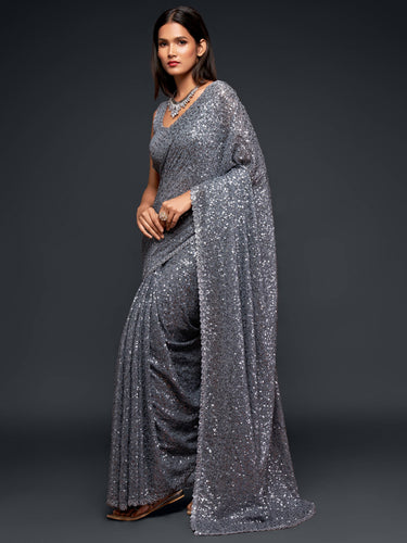 Amazing Slate Grey Sequined Georgette Party Wear Saree ClothsVilla
