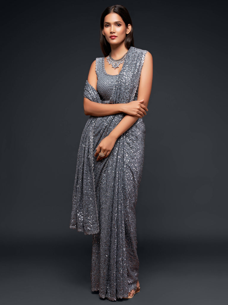 Amazing Slate Grey Sequined Georgette Party Wear Saree ClothsVilla