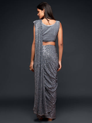 Amazing Slate Grey Sequined Georgette Party Wear Saree ClothsVilla