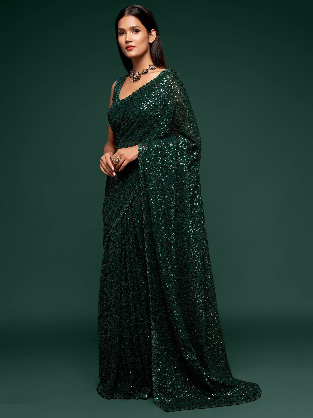 Awesome Deep Green Sequined Georgette Party Wear Saree ClothsVilla Main image