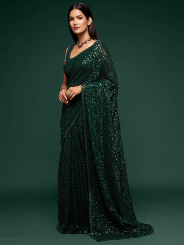 Awesome Deep Green Sequined Georgette Party Wear Saree ClothsVilla