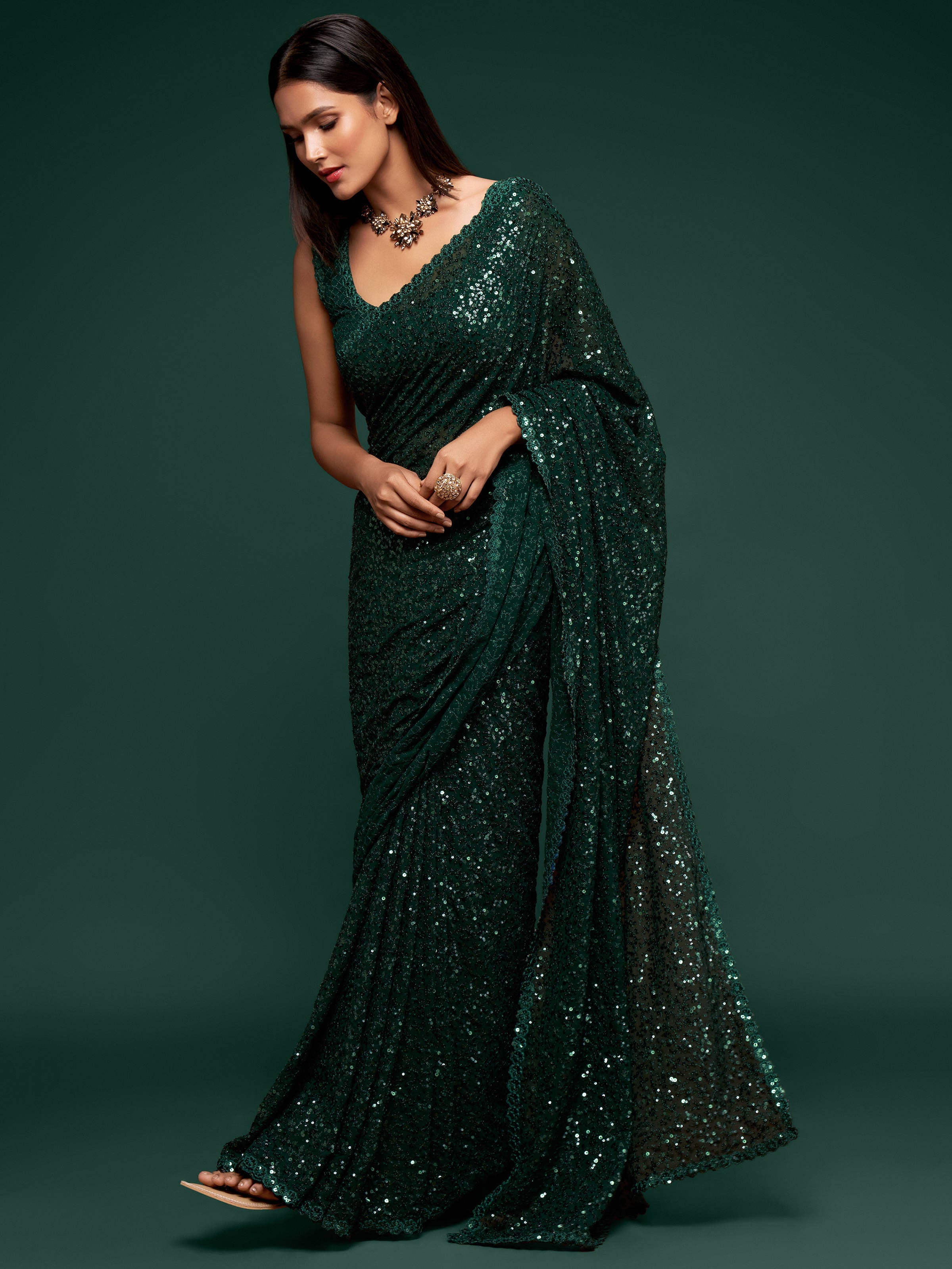 Awesome Deep Green Sequined Georgette Party Wear Saree Secondary image