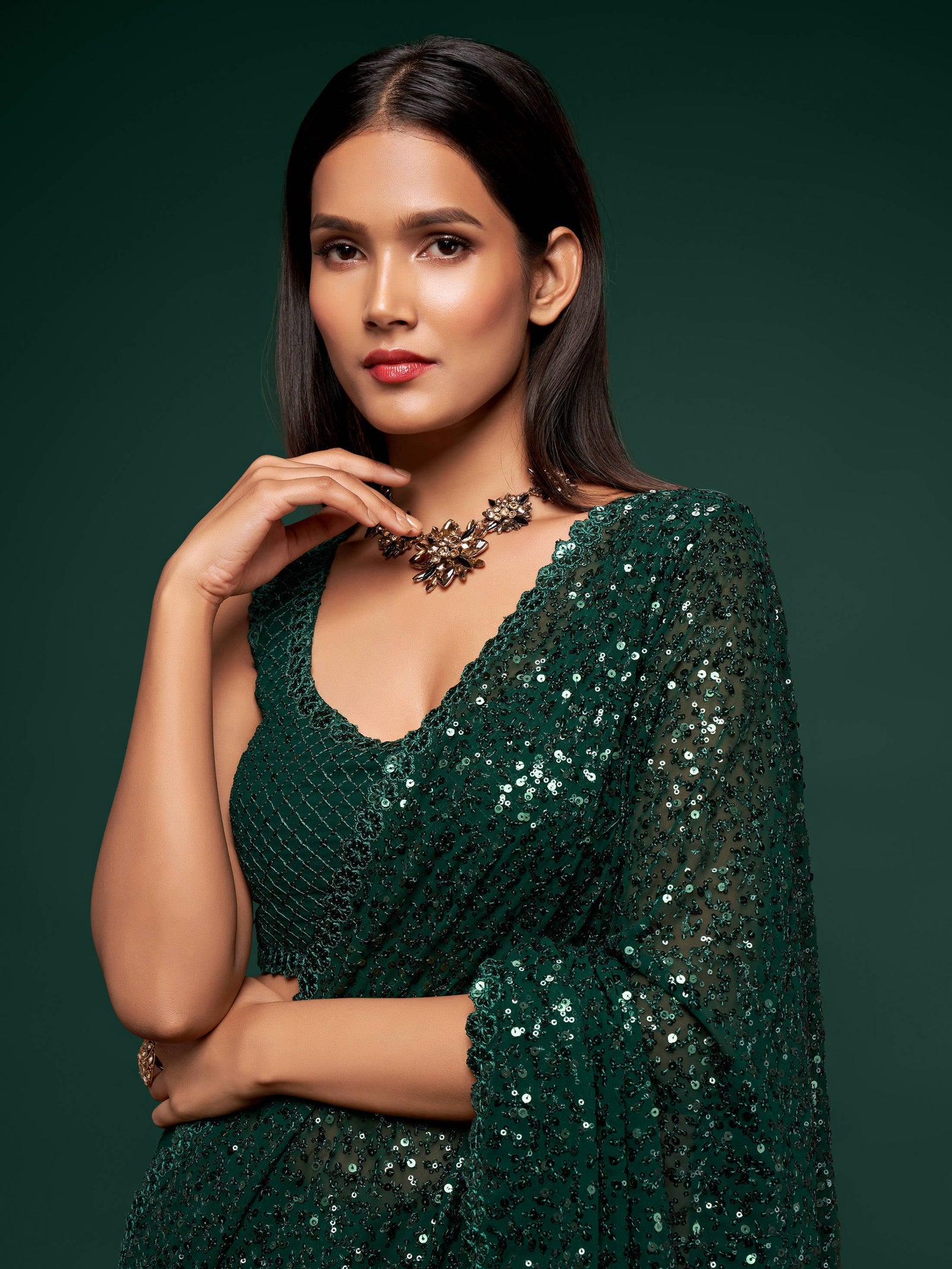 Awesome Deep Green Sequined Georgette Party Wear Saree ClothsVilla