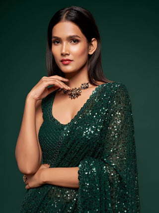 Awesome Deep Green Sequined Georgette Party Wear Saree ClothsVilla