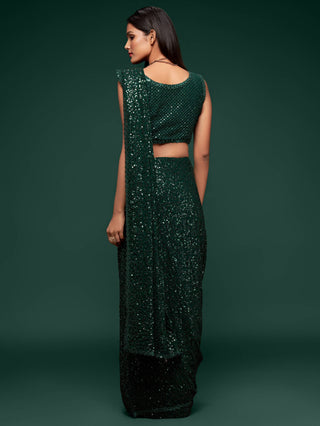 Awesome Deep Green Sequined Georgette Party Wear Saree ClothsVilla