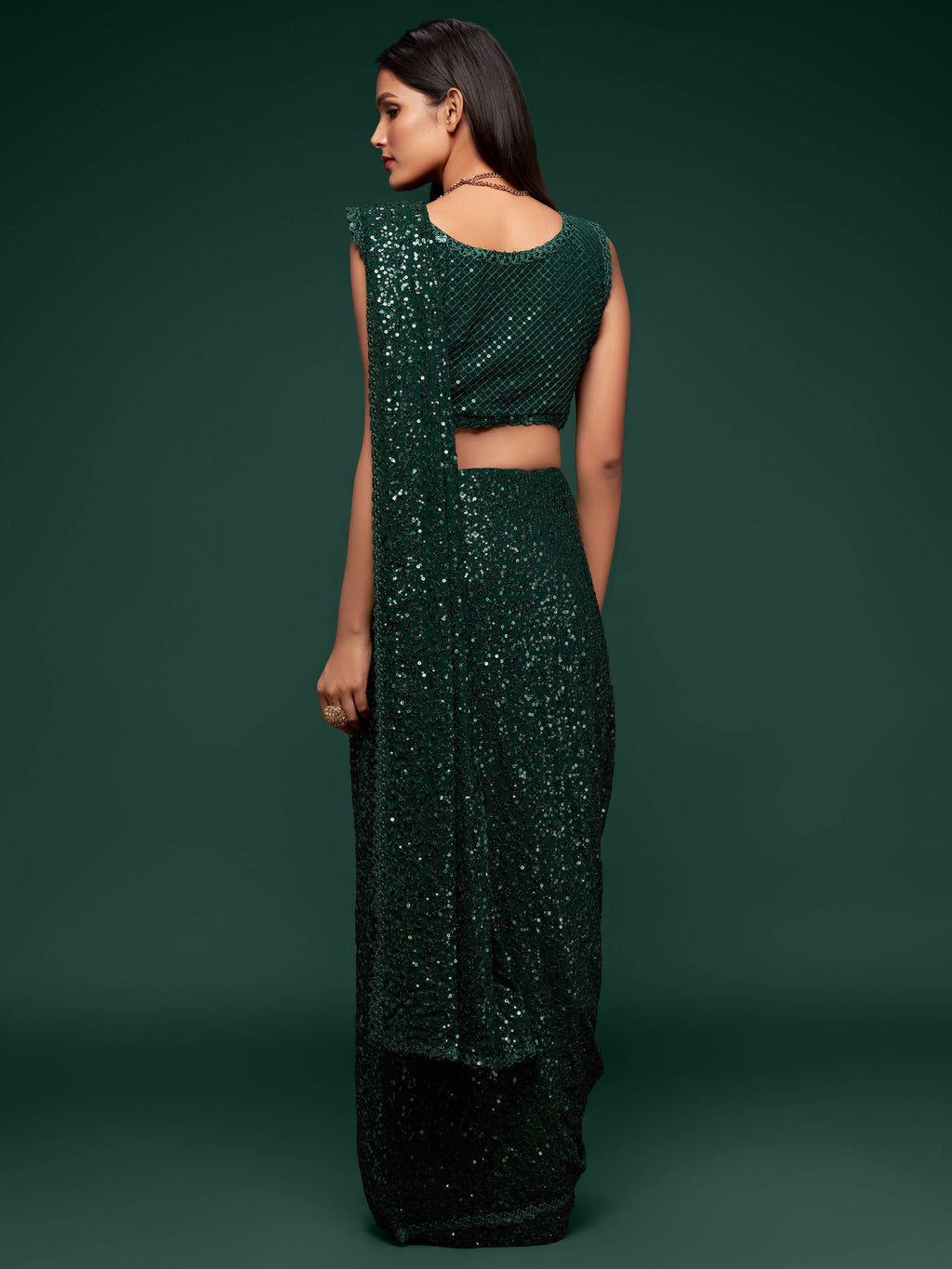 Awesome Deep Green Sequined Georgette Party Wear Saree ClothsVilla