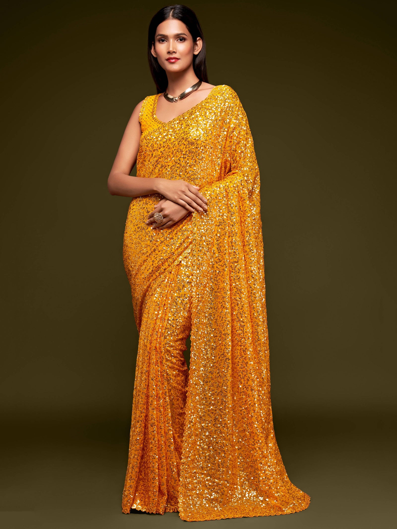 Lovely Honey Yellow Sequined Georgette Party Wear Saree ClothsVilla
